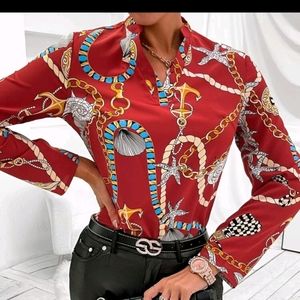 Chain print notched neck blouse